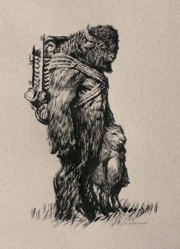 A drawing of a fantasy bison man and his child by Ryan Pancoast