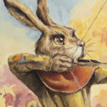 Casein painting by Chuck Grieb of a rabbit fairy teaching his son to shoot an arrow. Detail of the dad.