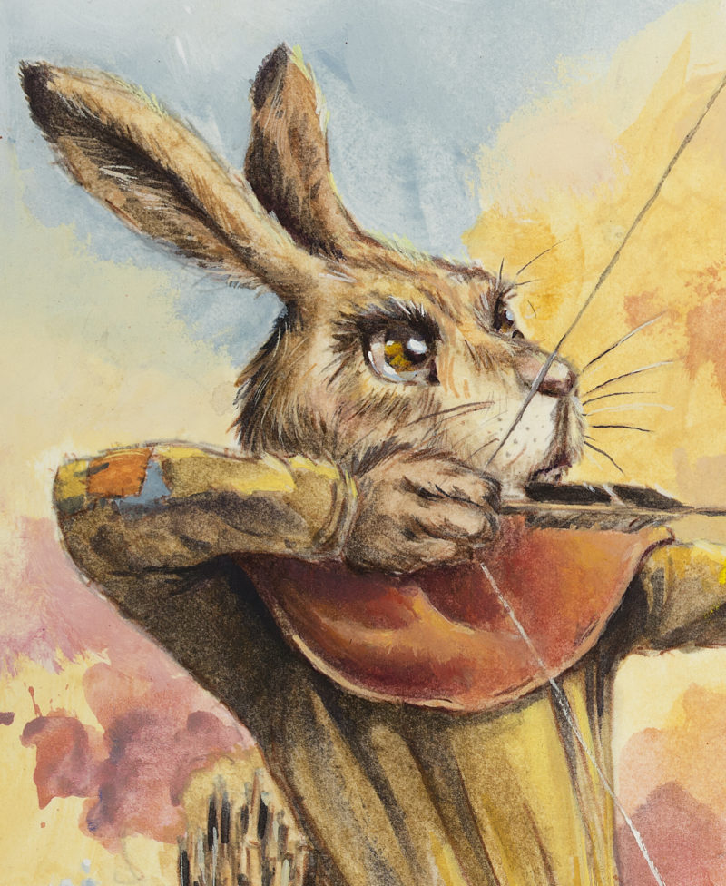Casein painting by Chuck Grieb of a rabbit fairy teaching his son to shoot an arrow. Detail of the dad.
