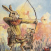 Casein painting by Chuck Grieb of a rabbit fairy teaching his son to shoot an arrow.