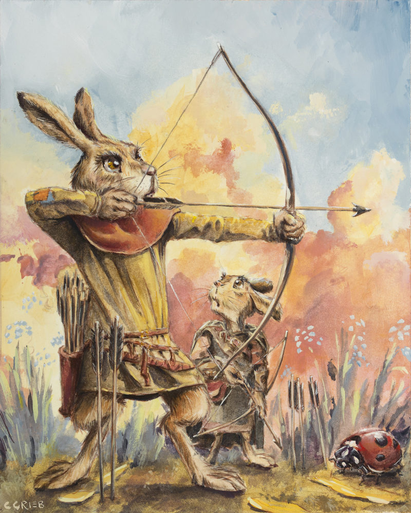 Casein painting by Chuck Grieb of a rabbit fairy teaching his son to shoot an arrow.