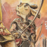 Casein painting by Chuck Grieb of a rabbit fairy teaching his son to shoot an arrow. Detail of the child.