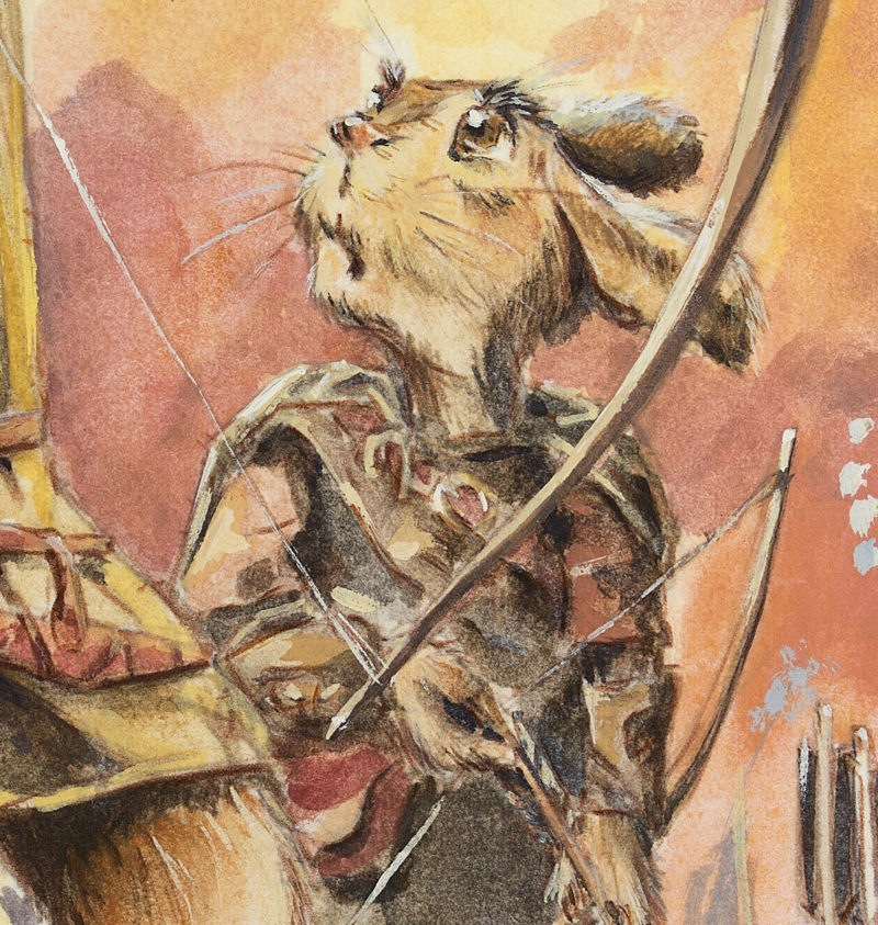 Casein painting by Chuck Grieb of a rabbit fairy teaching his son to shoot an arrow. Detail of the child.