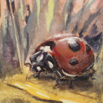 Casein painting by Chuck Grieb of a rabbit fairy teaching his son to shoot an arrow. Detail of the ladybug.
