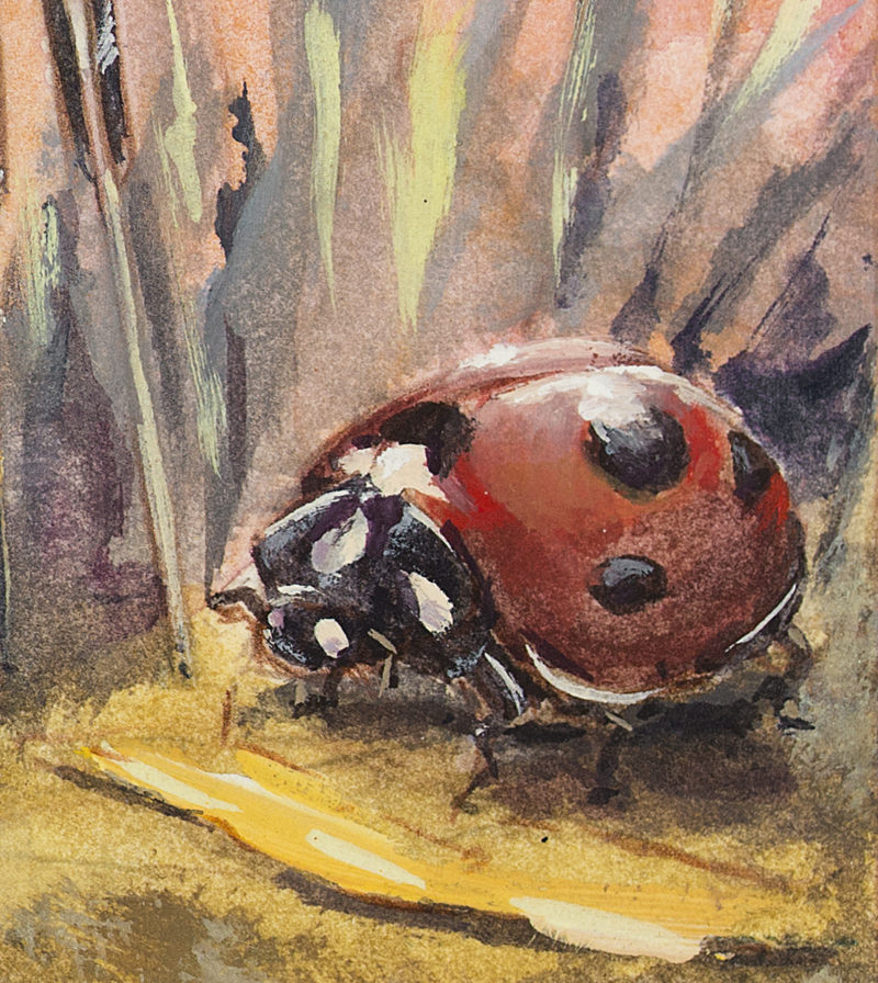 Casein painting by Chuck Grieb of a rabbit fairy teaching his son to shoot an arrow. Detail of the ladybug.
