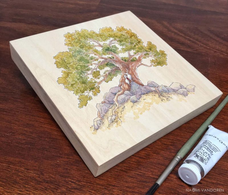 White Hart watercolor on wood by Naomi VanDoren