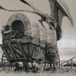 An ink drawing of a dragon and a wagon train by Ryan Pancoast.