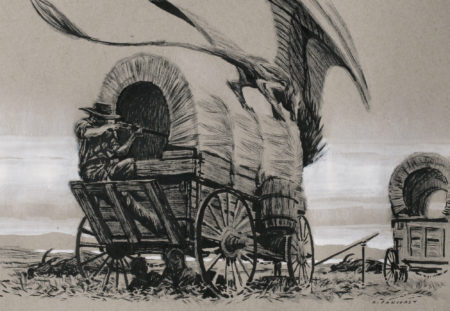 An ink drawing of a dragon and a wagon train by Ryan Pancoast.