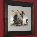 An ink drawing of a dragon and a wagon train by Ryan Pancoast.