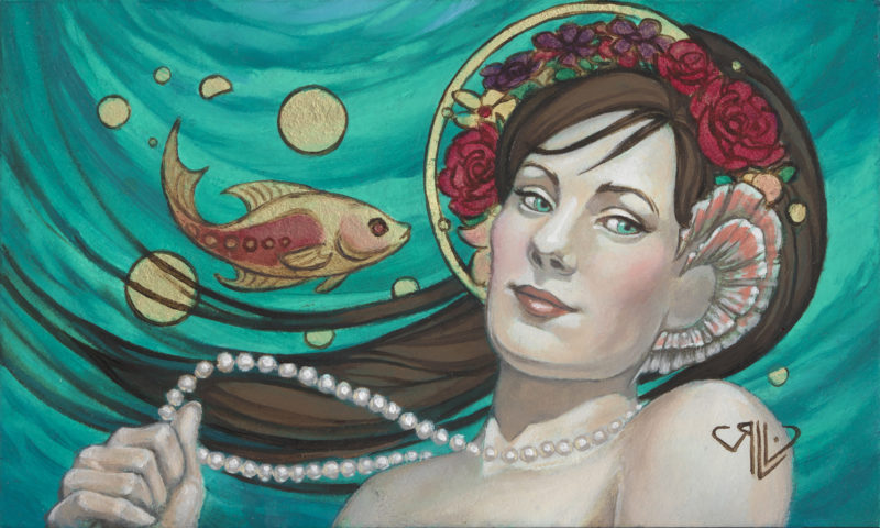 Mermaid with Flowers, oil and gold leaf painting