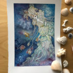 Ink and watercolor painting by Ania Mohrbacher of a woman with fish