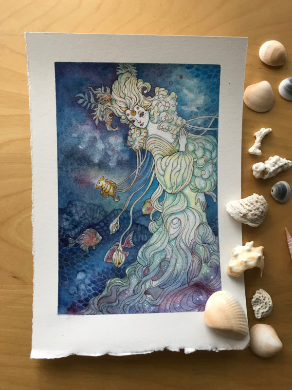 Ink and watercolor painting by Ania Mohrbacher of a woman with fish