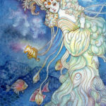 Ink and watercolor painting by Ania Mohrbacher of a woman with fish