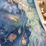 Ink and watercolor painting by Ania Mohrbacher of a woman with fish