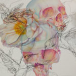 Watercolor painting of skulls and a peony flower with ink hummingbirds.