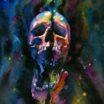 Star Stuff, a watercolor painting of a screaming skull in a galaxy in bright colors
