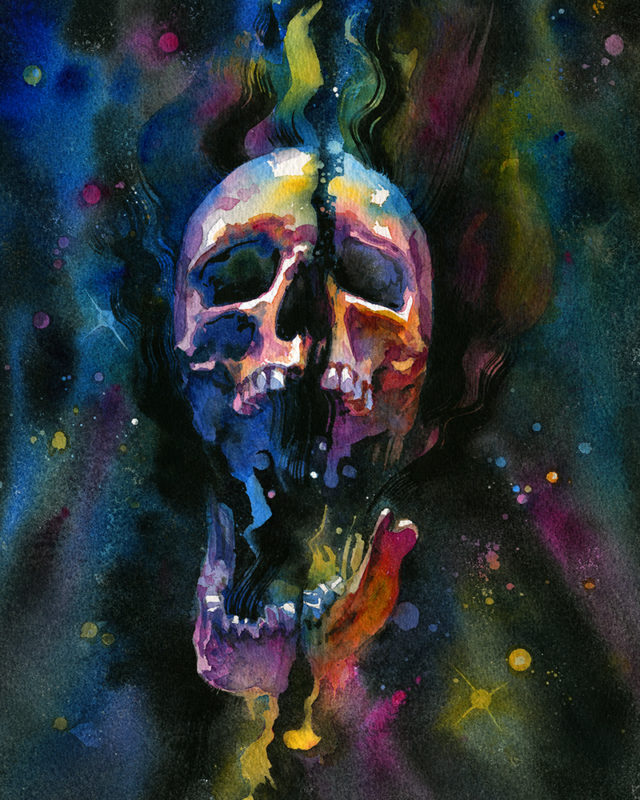 Star Stuff, a watercolor painting of a screaming skull in a galaxy in bright colors