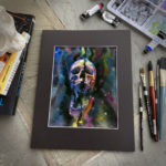 A photo of the painting Star Stuff in a mat, surrounded by painting materials