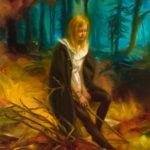 Painting of a girl Wearing a cloak sitting in a golden landscape ahead of a manganese forest. The Painting is hung next to a plant in a macrame hanger.