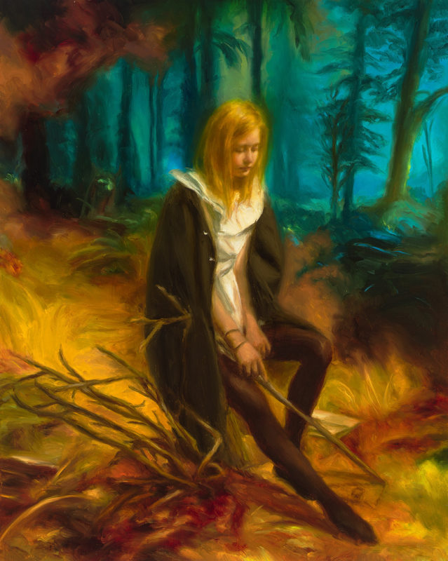Painting of a girl Wearing a cloak sitting in a golden landscape ahead of a manganese forest. The Painting is hung next to a plant in a macrame hanger.