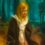 Painting of a girl Wearing a cloak sitting in a golden landscape ahead of a manganese forest. The Painting is hung next to a plant in a macrame hanger.