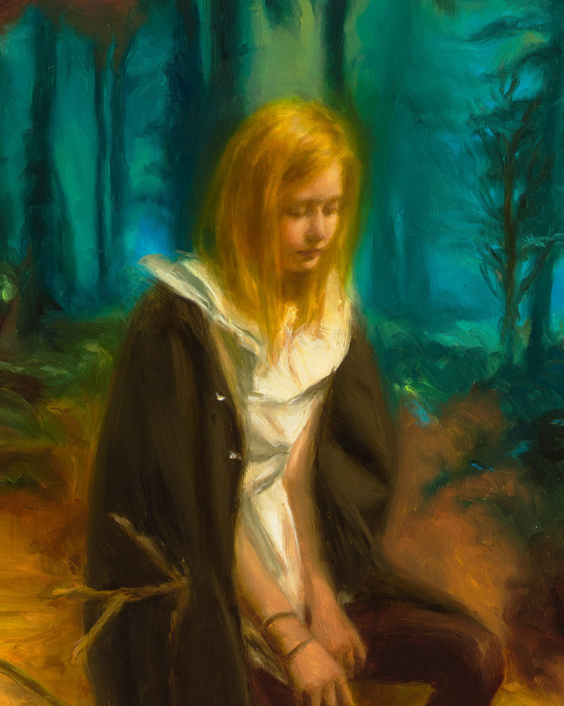 Painting of a girl Wearing a cloak sitting in a golden landscape ahead of a manganese forest. The Painting is hung next to a plant in a macrame hanger.