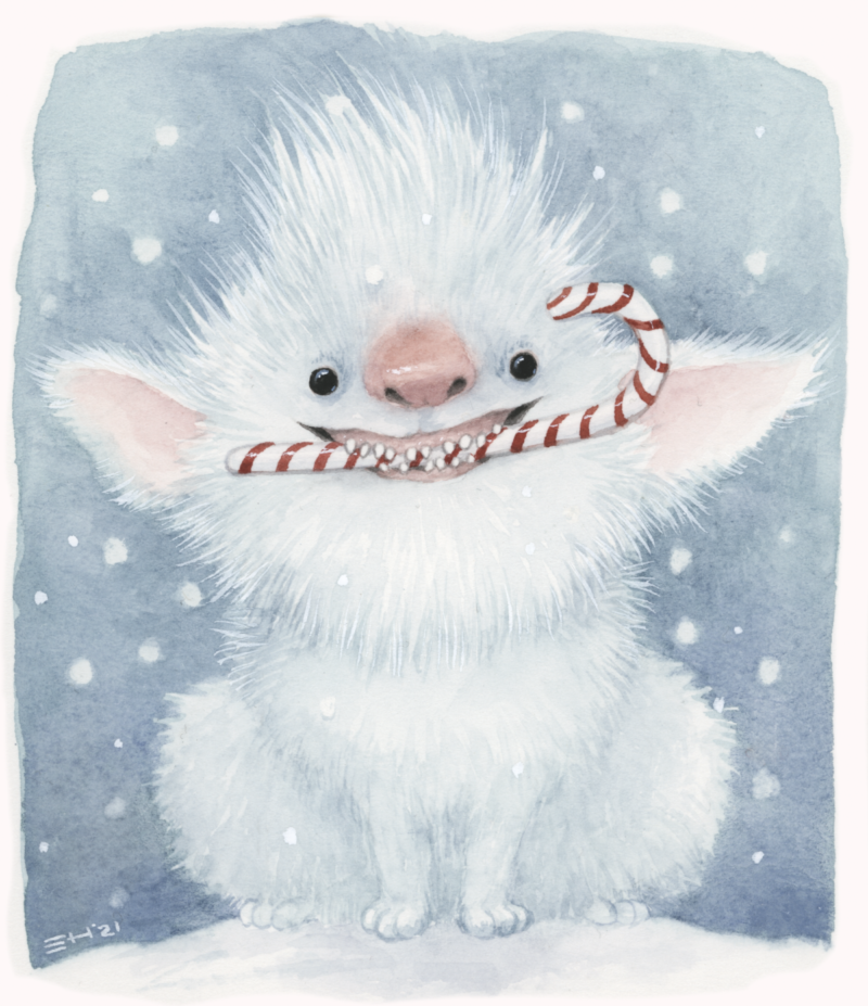 Cute furry white creature with candy cane in mouth