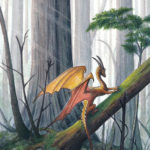 flat image of amber colored dragon on tree in the forest