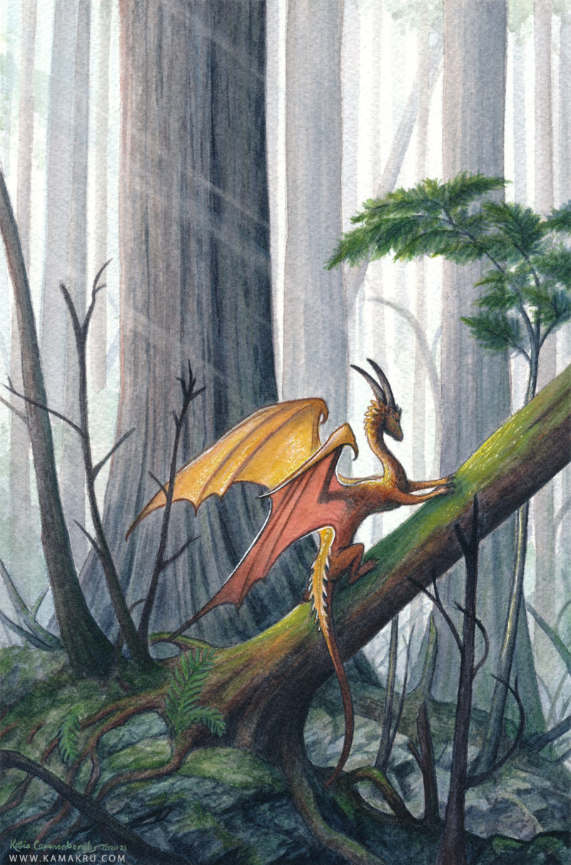 flat image of amber colored dragon on tree in the forest