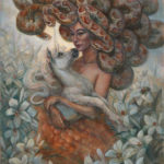 Medusa with unicorn on a field of lilies