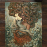 Medusa with unicorn on a field of lilies