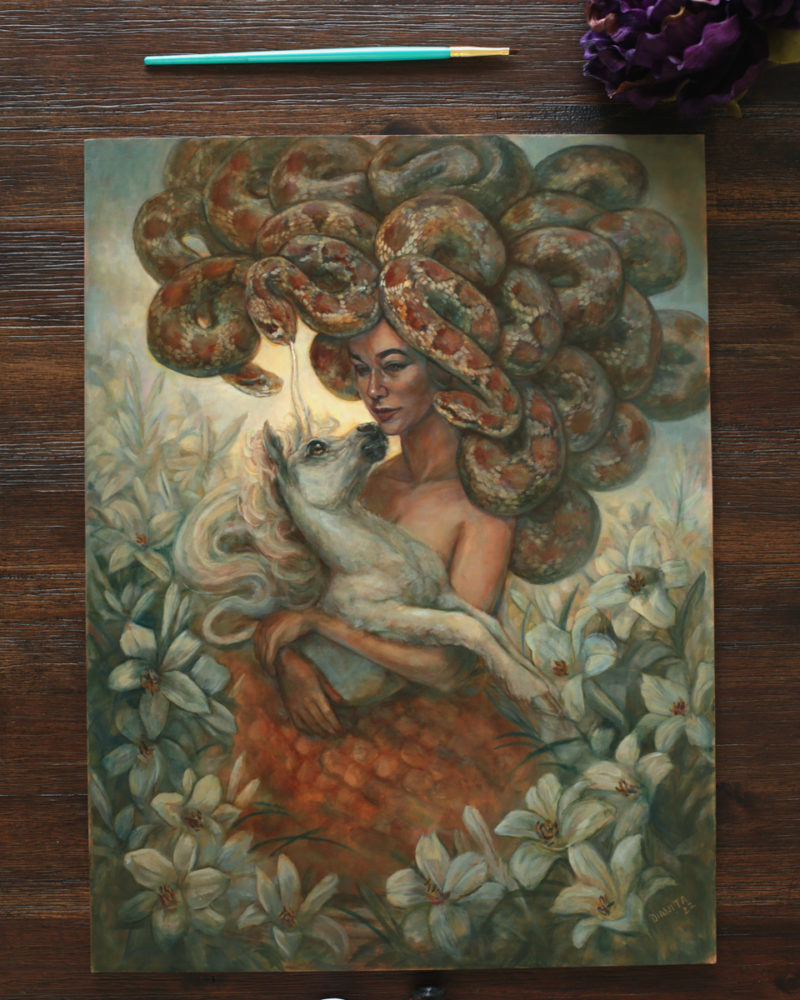 Medusa with unicorn on a field of lilies