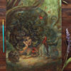 Painting with a Medusa, green python snakes listening to cardinal birds in a forest opening