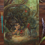 Painting with a Medusa, green python snakes listening to cardinal birds in a forest opening