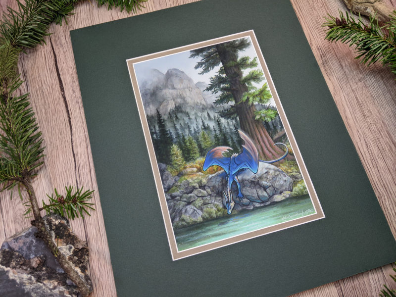 azule blue fishing dragon on a rock in the forest watercolor gouache nature mountain painting old growth tree lake trees forest matted