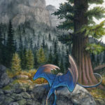 azule blue fishing dragon on a rock in the forest watercolor gouache nature mountain painting old growth tree lake trees forest