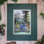 azule blue fishing dragon on a rock in the forest watercolor gouache nature mountain painting old growth tree lake trees forest