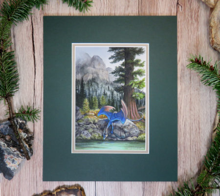 azule blue fishing dragon on a rock in the forest watercolor gouache nature mountain painting old growth tree lake trees forest