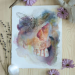 Painting is a loose watercolor of the nasal cavity and teeth of a human skull. A loose ink drawing of a cicada is where the eye socket would normally be.