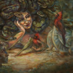 Medusa with cardinal birds oil painting