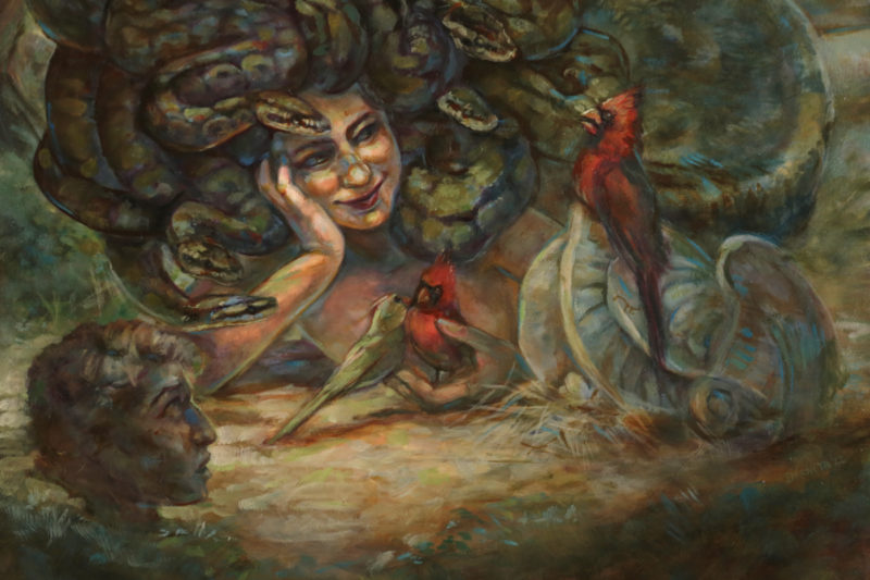 Medusa with cardinal birds oil painting