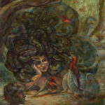 Medusa with cardinal birds oil painting