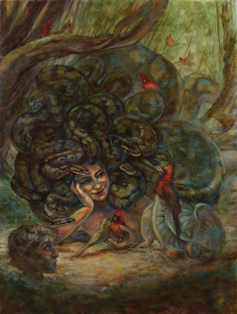 Medusa with cardinal birds oil painting