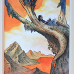 Framed painting of a orange and blue landscape with a person laying on the branches of a tree leaning to the right. There are mountains and a white cloud on the back.