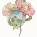 a watercolor painting of a skull with a crown of peonies and a snake entwined in the flowers.The eyes of the skull glow green.