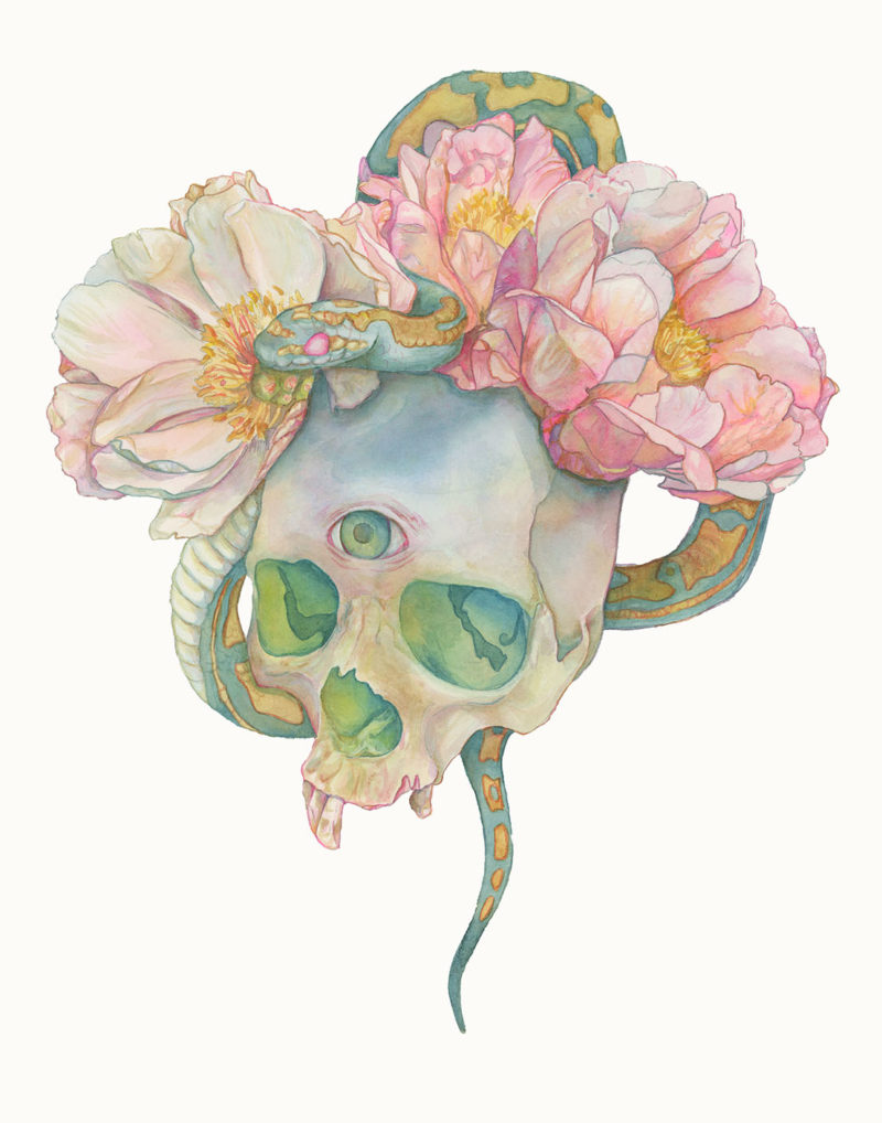 a watercolor painting of a skull with a crown of peonies and a snake entwined in the flowers.The eyes of the skull glow green.