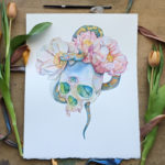 a watercolor painting of a skull with a crown of peonies and a snake entwined in the flowers. The eyes of the skull glow green.