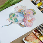 a watercolor painting of a skull with a crown of peonies and a snake entwined in the flowers. The eyes of the skull glow green.