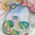 a watercolor painting of a skull with a crown of peonies and a snake entwined in the flowers. The eyes of the skull glow green.