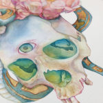 a watercolor painting of a skull with a crown of peonies and a snake entwined in the flowers. The eyes of the skull glow green.